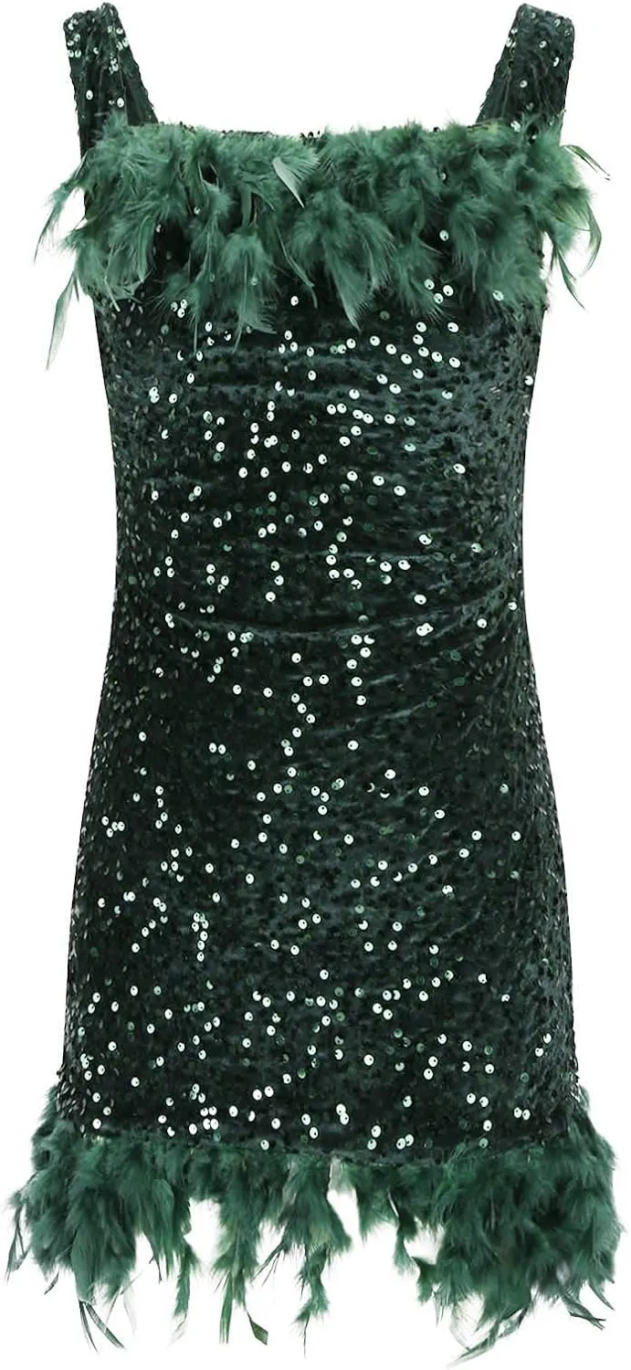 Oplxuo Sequins Feather Short Birthday Party Dresses for Women Off Shoulder Bodycon Dress Plus Size Cocktail Evening Gowns
