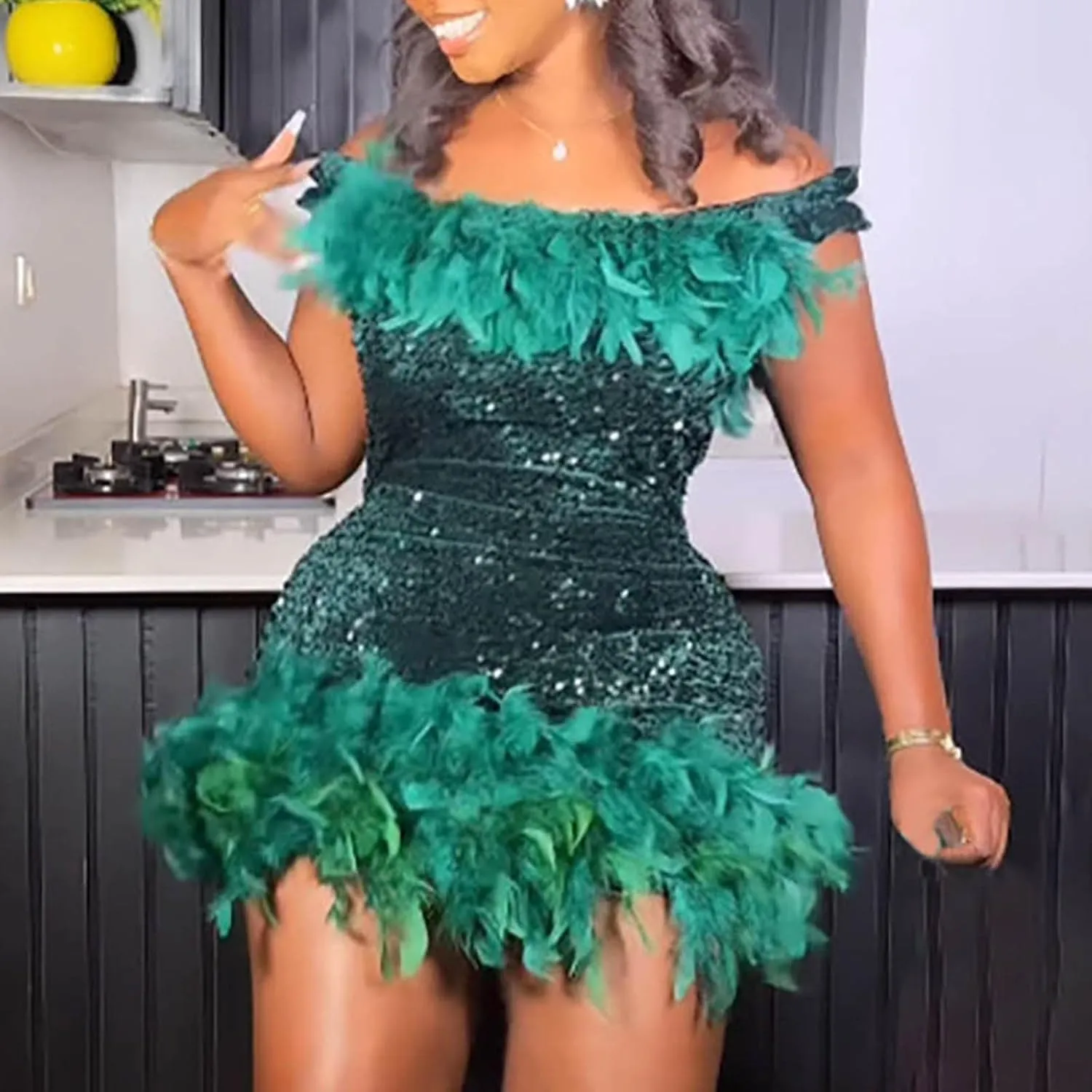 Oplxuo Sequins Feather Short Birthday Party Dresses for Women Off Shoulder Bodycon Dress Plus Size Cocktail Evening Gowns