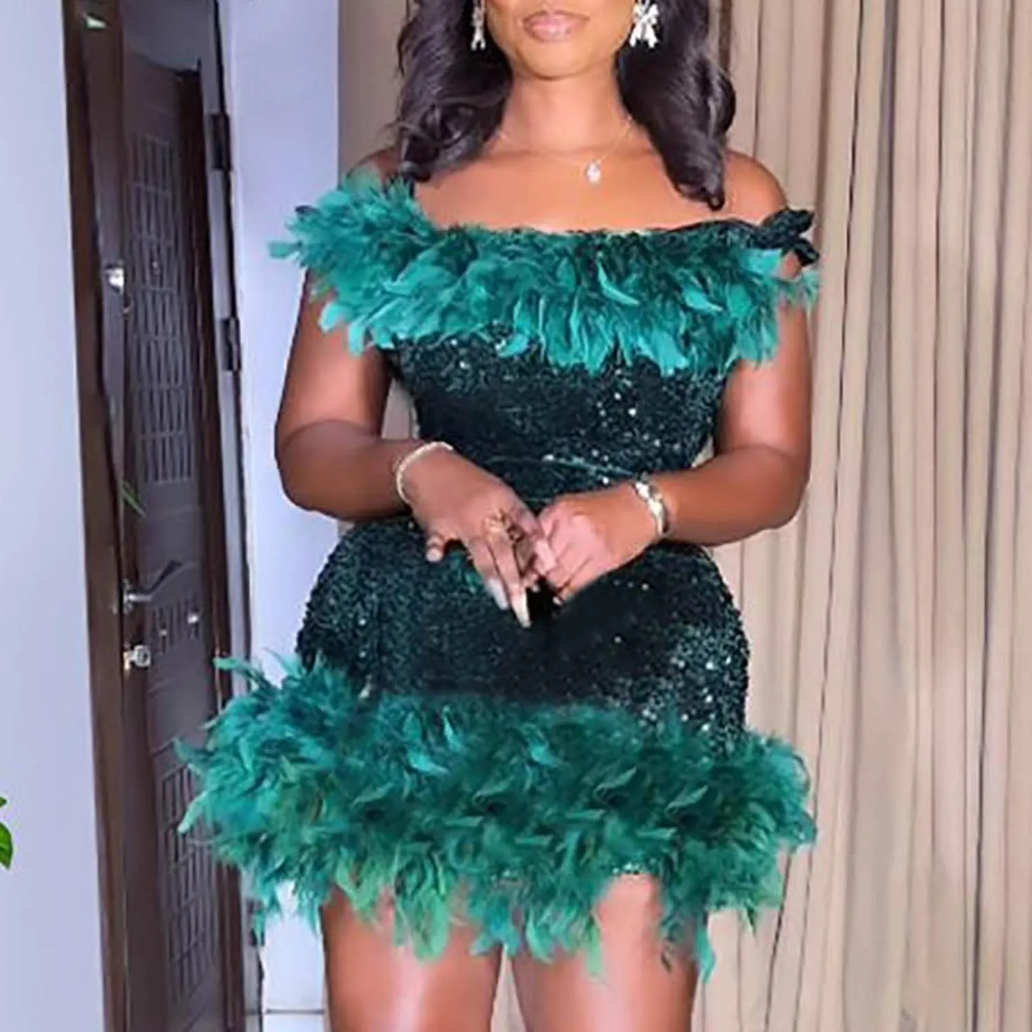 Oplxuo Sequins Feather Short Birthday Party Dresses for Women Off Shoulder Bodycon Dress Plus Size Cocktail Evening Gowns