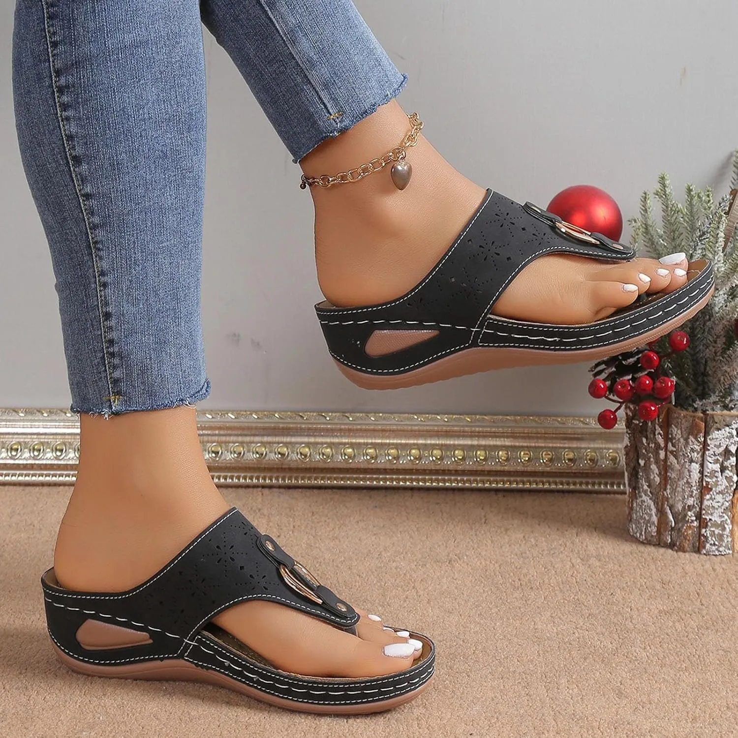 Orthopedic Flip Flops Women Arch Support Summer Slip On Wedge Slippers Comfortable Open Toe Thong Sandal Wide Width Beach Slides