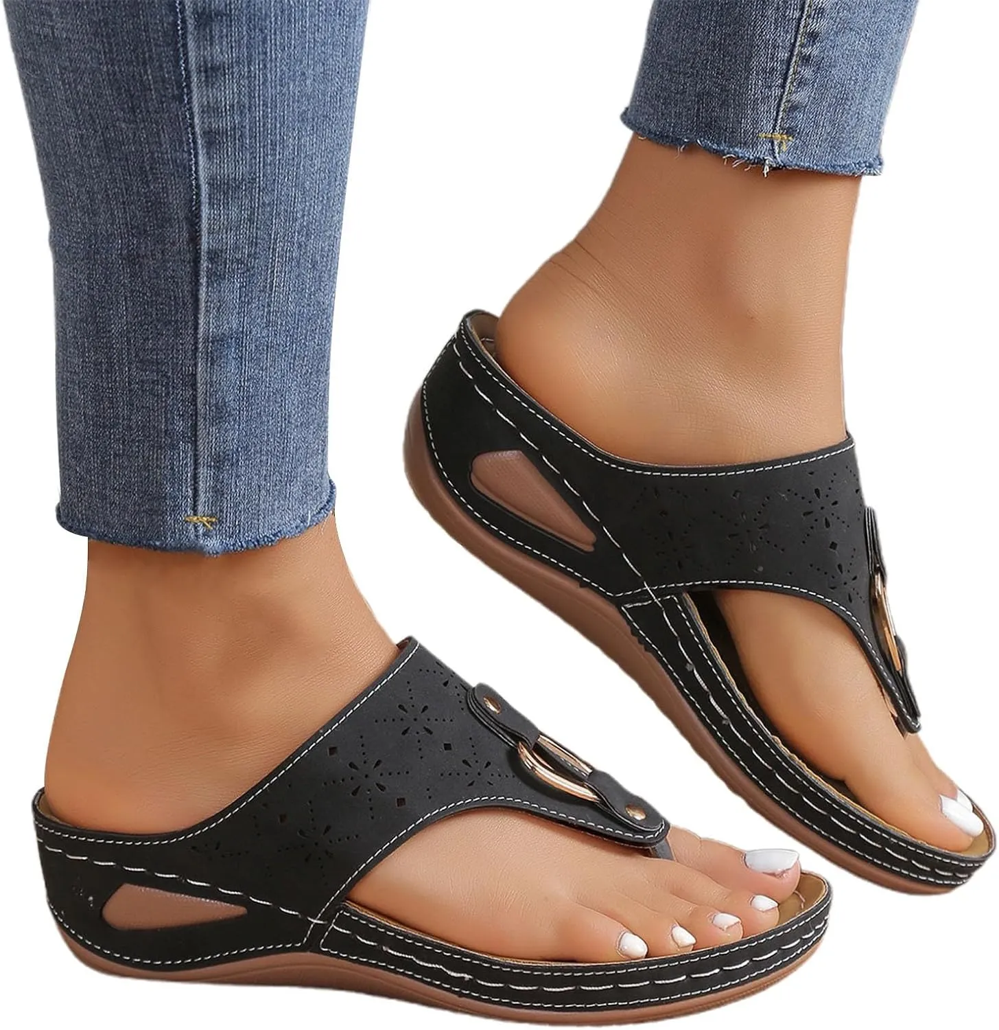 Orthopedic Flip Flops Women Arch Support Summer Slip On Wedge Slippers Comfortable Open Toe Thong Sandal Wide Width Beach Slides