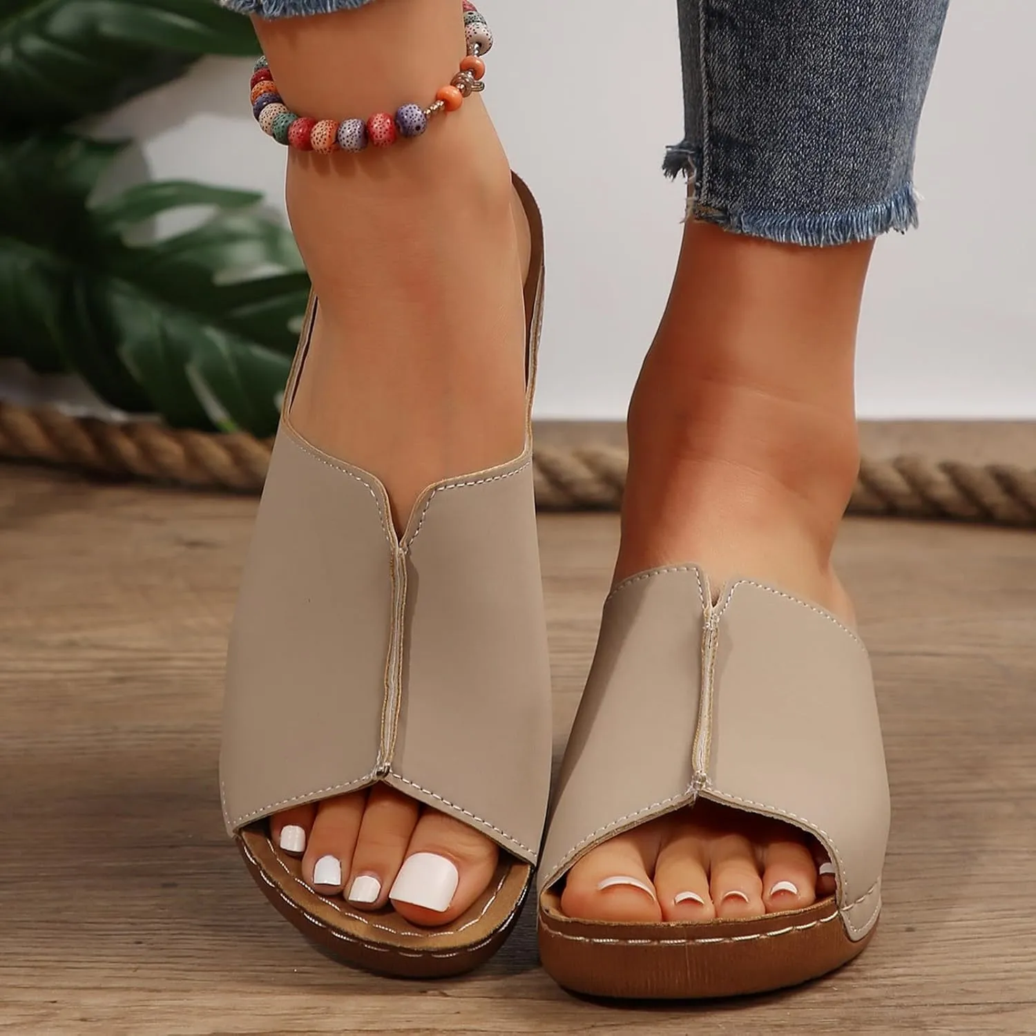 Orthopedic Sandals for Women Arch Support Fish Mouth Open Toe Leather Slippers Wedge Platform Sandal Comfortable Summer Slip On Shoes