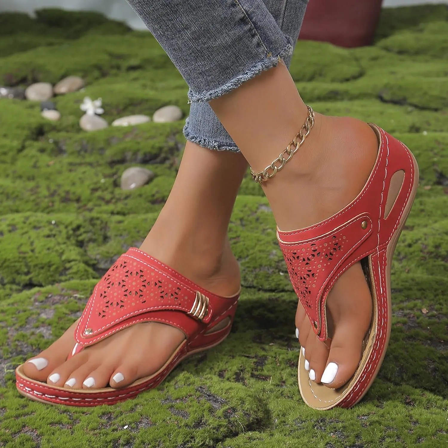 Orthopedic Sandals for Women Arch Support Walking Sandals, Thong Flip Flops Open Toe Hollow Out Breathable Beach Shoes Casual Walking Sandal Orthotic Flat Sandal Wide Width Sport Flip-Flops