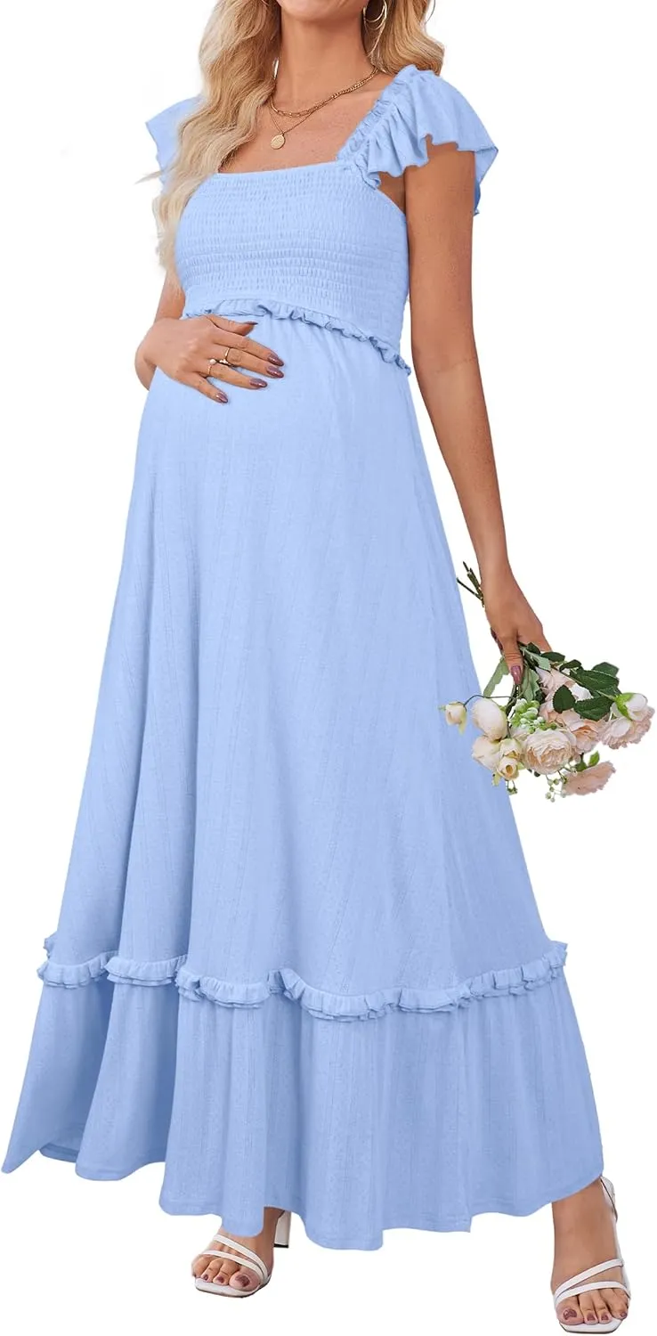 OUGES Womens 2025 Summer Maternity Photoshoot Dress Boho Maxi Smocked Baby Shower Dress Ruffle Sleeve Maternity Clothes