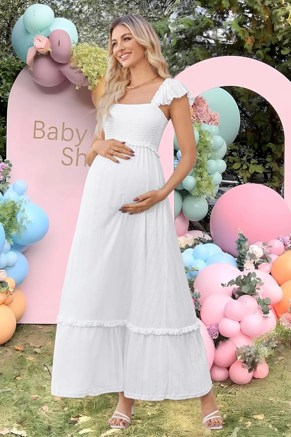 OUGES Womens 2025 Summer Maternity Photoshoot Dress Boho Maxi Smocked Baby Shower Dress Ruffle Sleeve Maternity Clothes