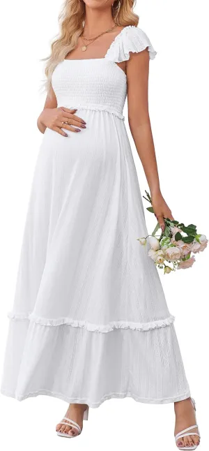 OUGES Womens 2025 Summer Maternity Photoshoot Dress Boho Maxi Smocked Baby Shower Dress Ruffle Sleeve Maternity Clothes