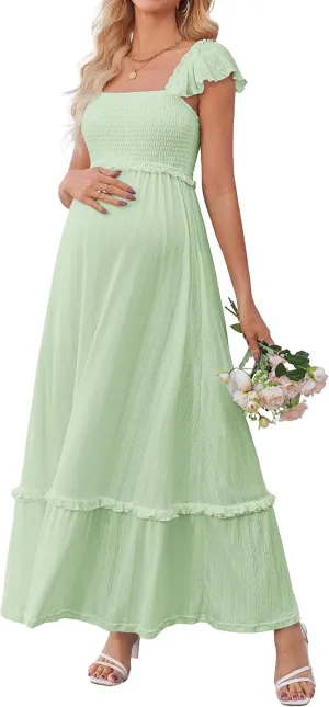 OUGES Womens 2025 Summer Maternity Photoshoot Dress Boho Maxi Smocked Baby Shower Dress Ruffle Sleeve Maternity Clothes