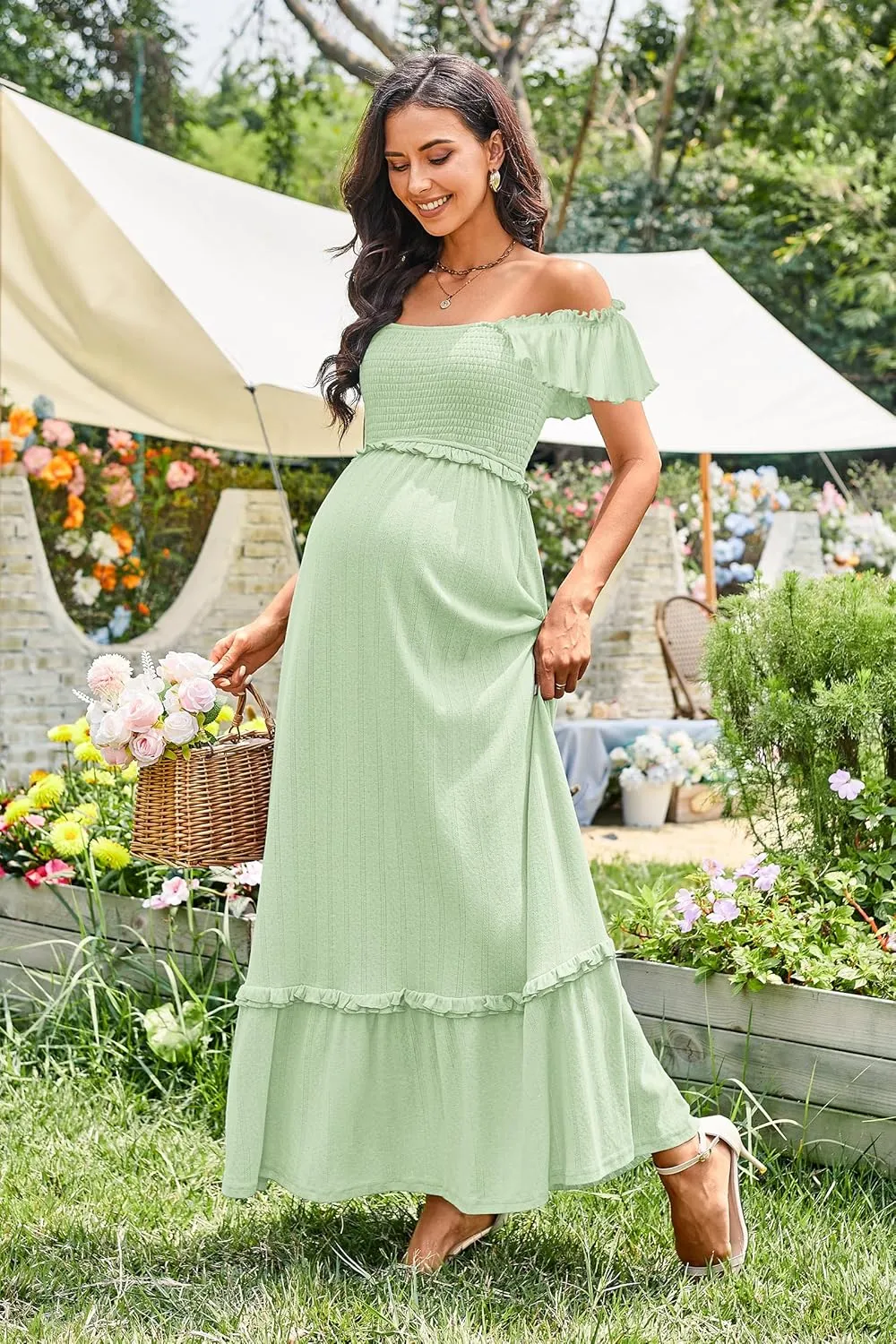 OUGES Womens 2025 Summer Maternity Photoshoot Dress Boho Maxi Smocked Baby Shower Dress Ruffle Sleeve Maternity Clothes