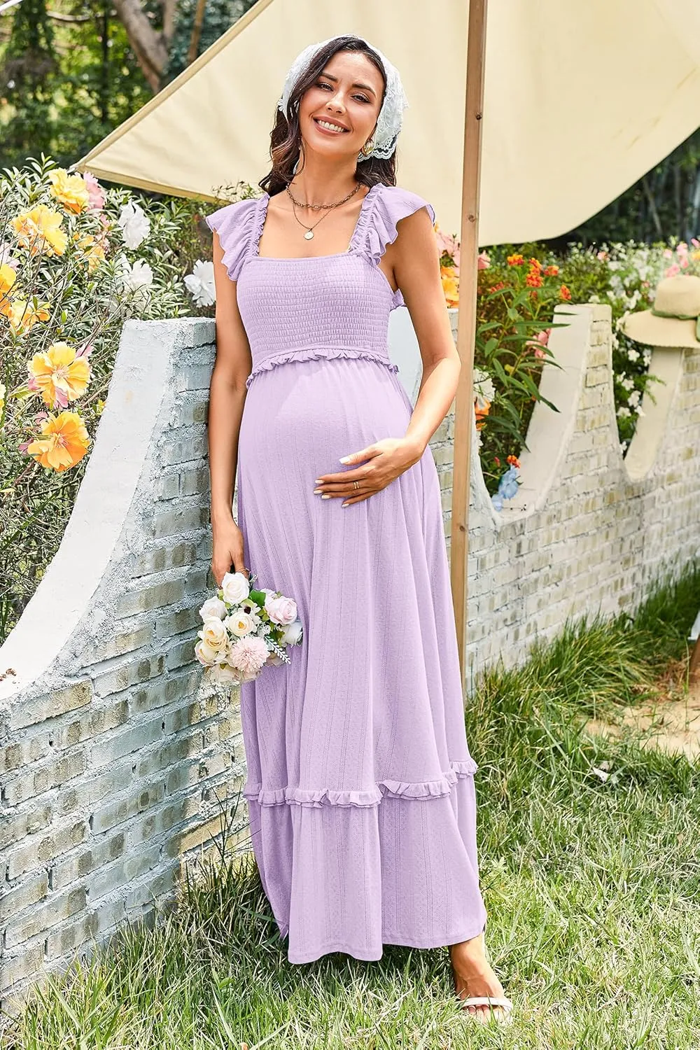 OUGES Womens 2025 Summer Maternity Photoshoot Dress Boho Maxi Smocked Baby Shower Dress Ruffle Sleeve Maternity Clothes