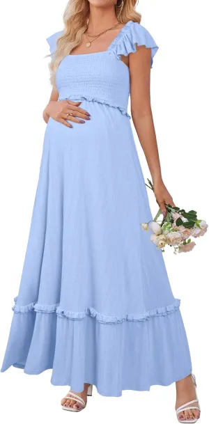OUGES Womens 2025 Summer Maternity Photoshoot Dress Boho Maxi Smocked Baby Shower Dress Ruffle Sleeve Maternity Clothes