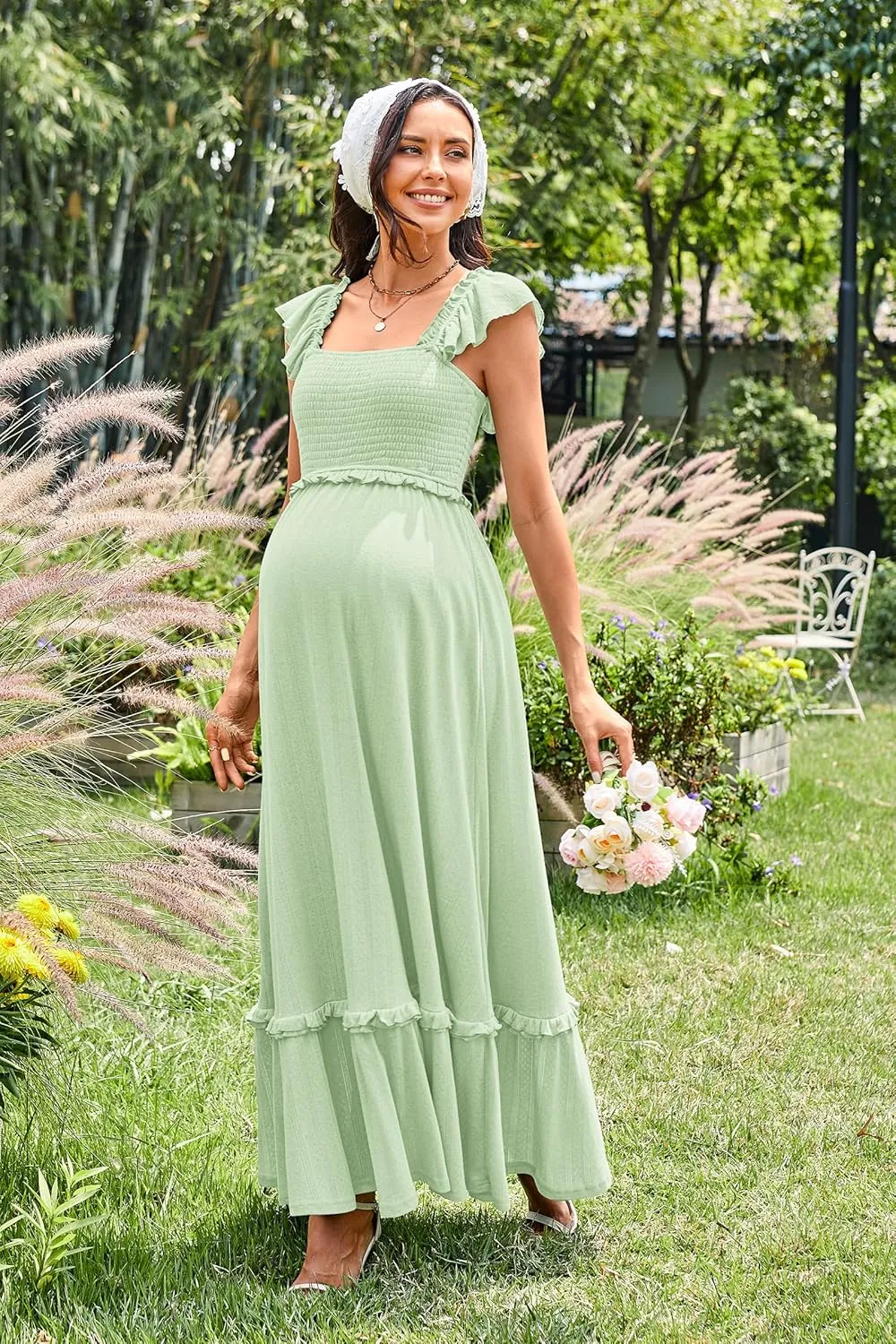 OUGES Womens 2025 Summer Maternity Photoshoot Dress Boho Maxi Smocked Baby Shower Dress Ruffle Sleeve Maternity Clothes