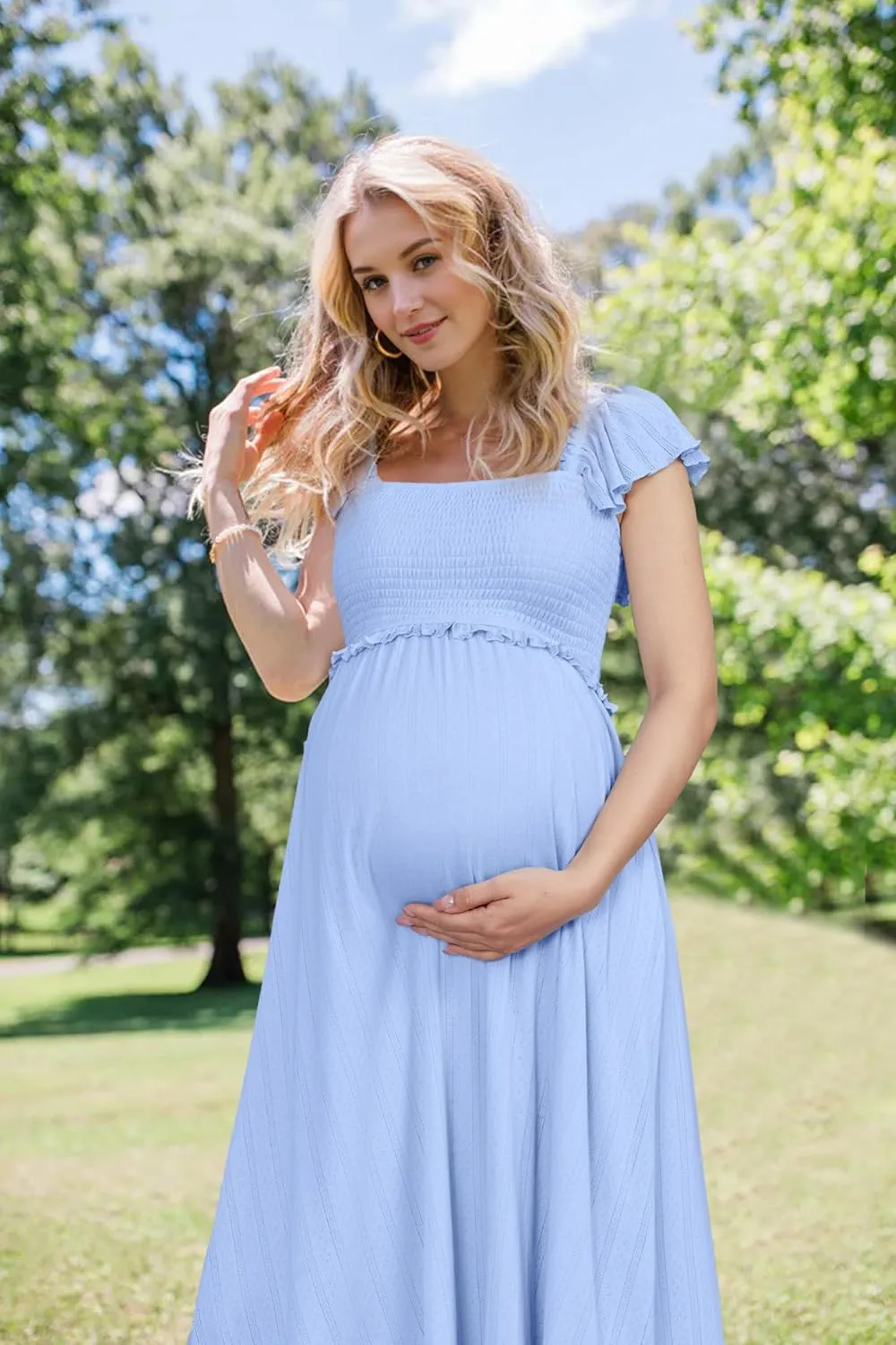 OUGES Womens 2025 Summer Maternity Photoshoot Dress Boho Maxi Smocked Baby Shower Dress Ruffle Sleeve Maternity Clothes