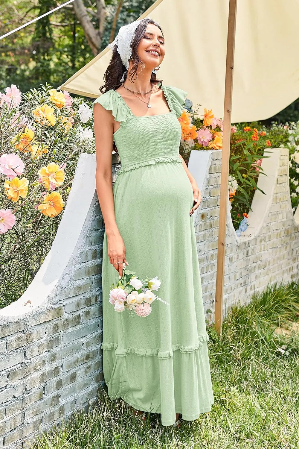 OUGES Womens 2025 Summer Maternity Photoshoot Dress Boho Maxi Smocked Baby Shower Dress Ruffle Sleeve Maternity Clothes