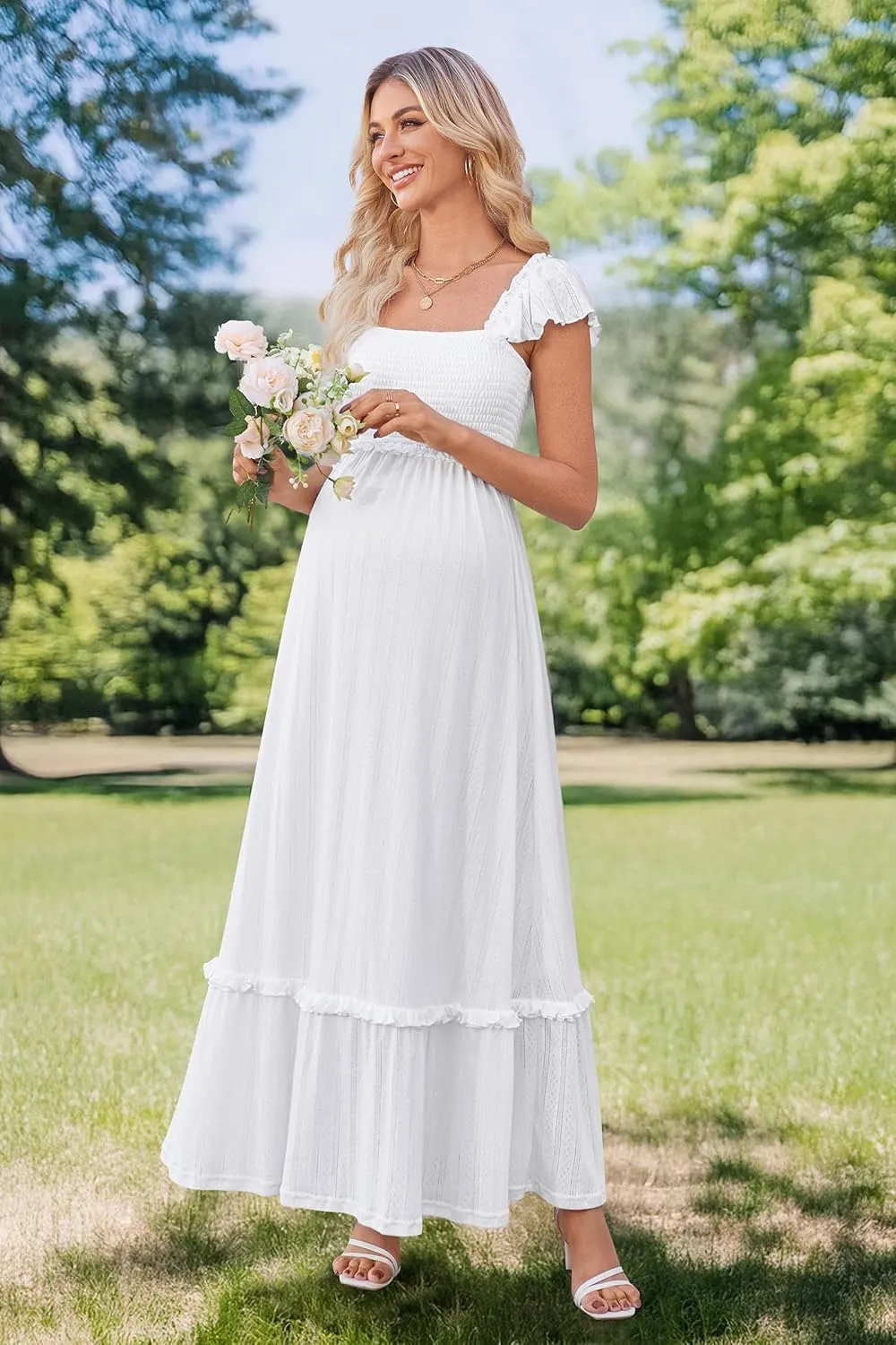 OUGES Womens 2025 Summer Maternity Photoshoot Dress Boho Maxi Smocked Baby Shower Dress Ruffle Sleeve Maternity Clothes