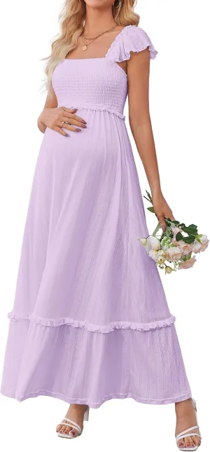 OUGES Womens 2025 Summer Maternity Photoshoot Dress Boho Maxi Smocked Baby Shower Dress Ruffle Sleeve Maternity Clothes