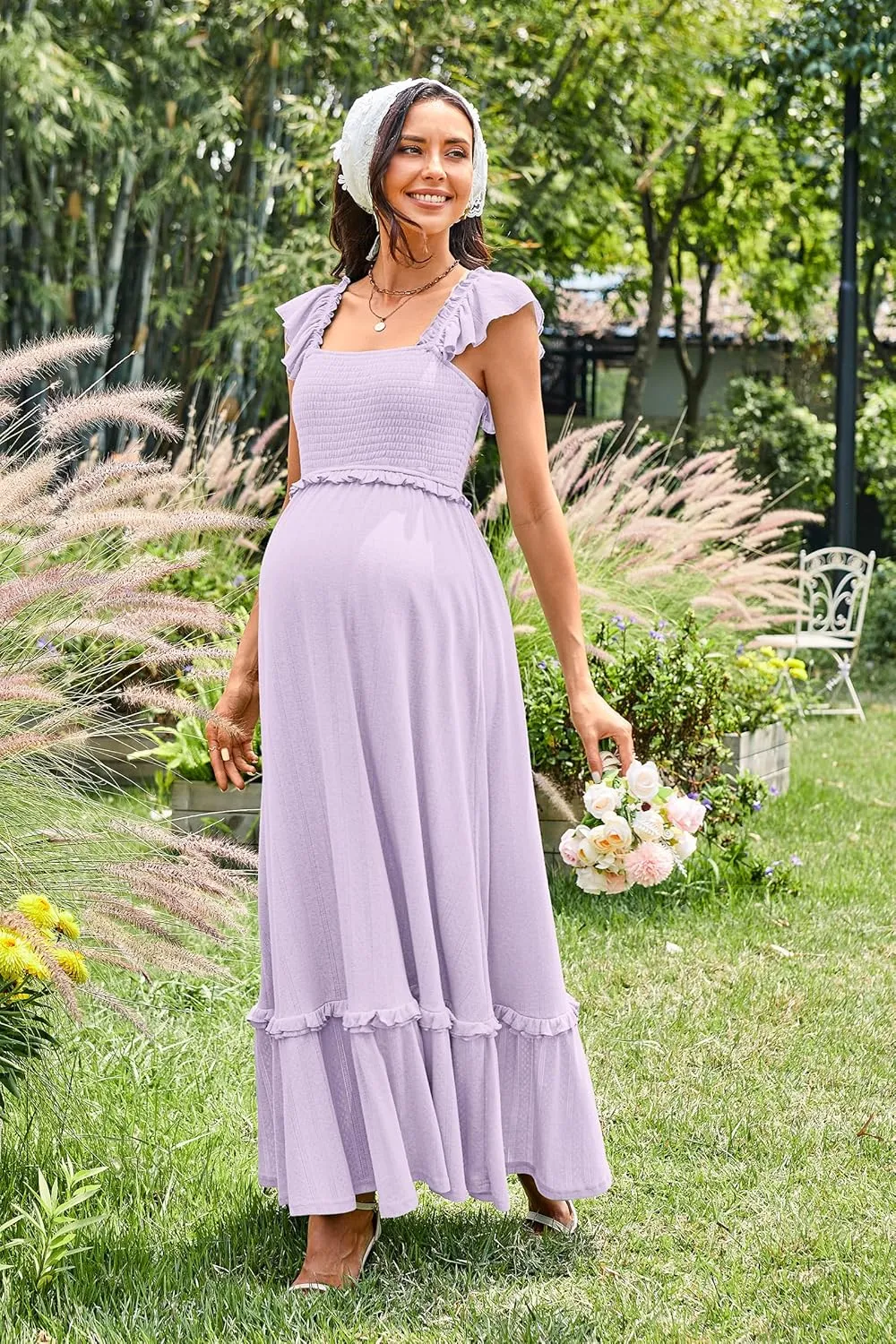 OUGES Womens 2025 Summer Maternity Photoshoot Dress Boho Maxi Smocked Baby Shower Dress Ruffle Sleeve Maternity Clothes
