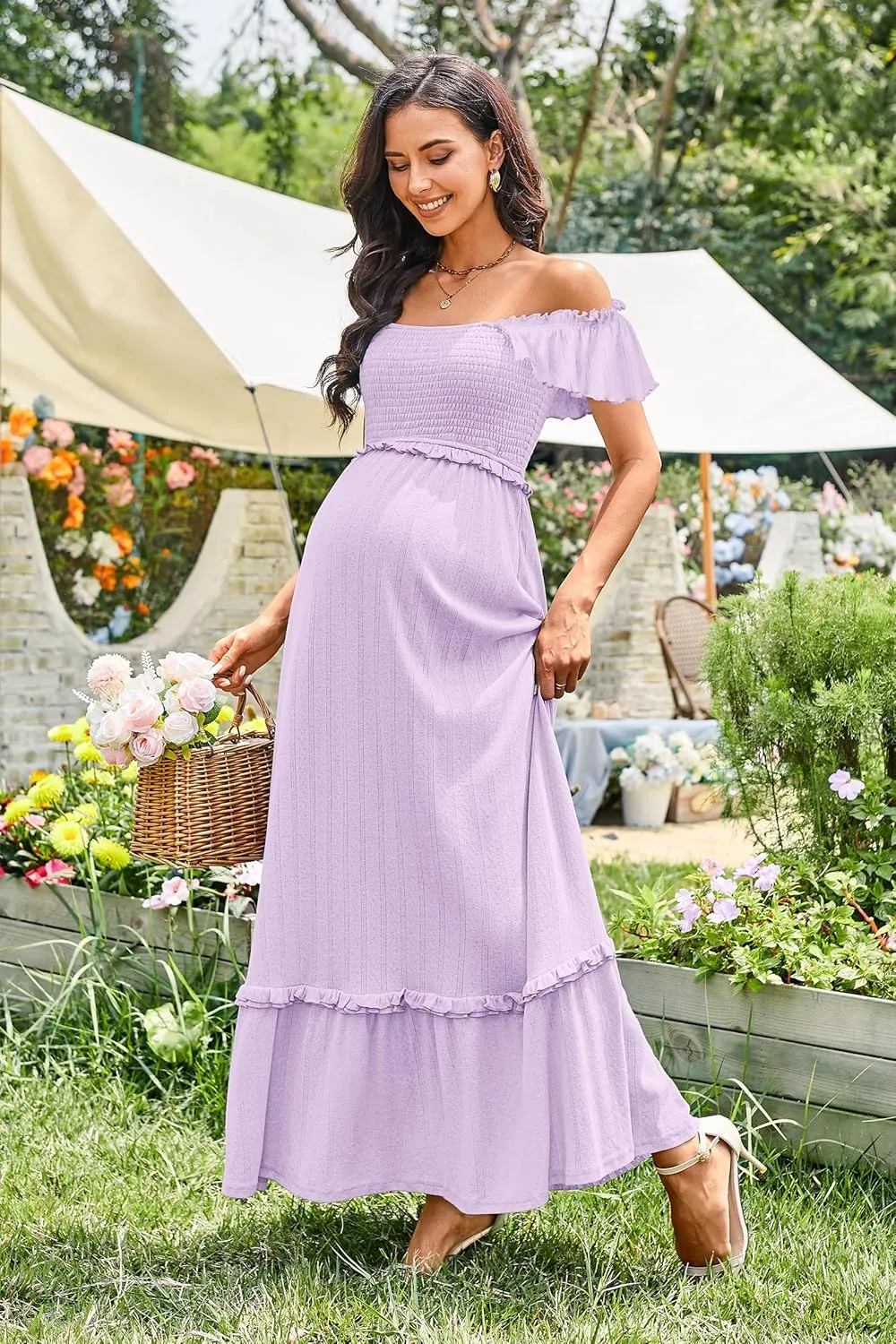 OUGES Womens 2025 Summer Maternity Photoshoot Dress Boho Maxi Smocked Baby Shower Dress Ruffle Sleeve Maternity Clothes