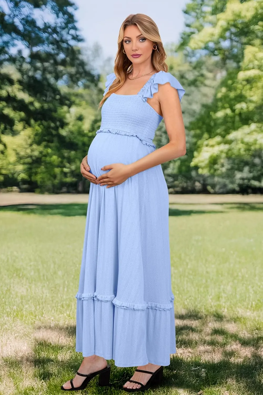 OUGES Womens 2025 Summer Maternity Photoshoot Dress Boho Maxi Smocked Baby Shower Dress Ruffle Sleeve Maternity Clothes