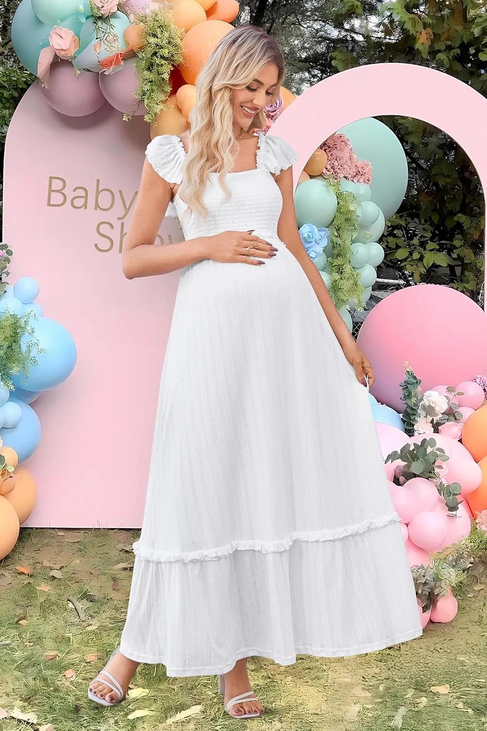 OUGES Womens 2025 Summer Maternity Photoshoot Dress Boho Maxi Smocked Baby Shower Dress Ruffle Sleeve Maternity Clothes