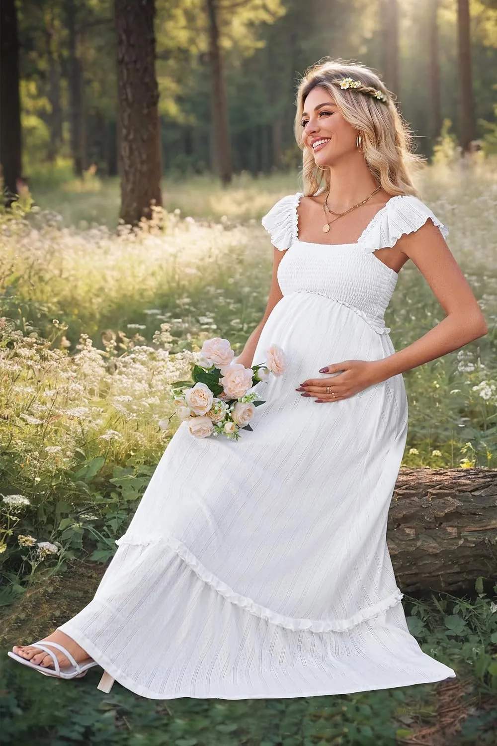 OUGES Womens 2025 Summer Maternity Photoshoot Dress Boho Maxi Smocked Baby Shower Dress Ruffle Sleeve Maternity Clothes