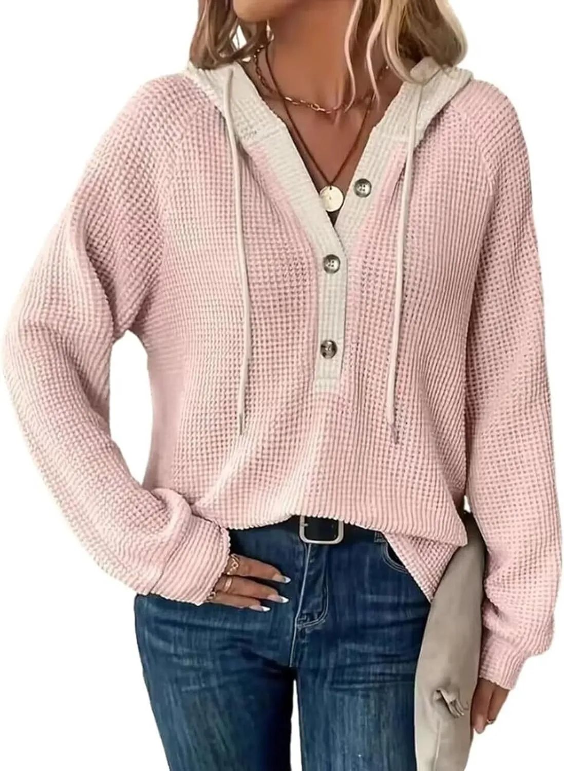 Oversized Hoodies for Women Trendy Waffle Knit V Neck Sweatshirt Cute Y2k Hoodie Long Sleeve Pullover Tops