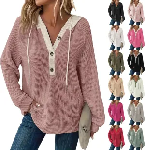 Oversized Hoodies for Women Trendy Waffle Knit V Neck Sweatshirt Cute Y2k Hoodie Long Sleeve Pullover Tops
