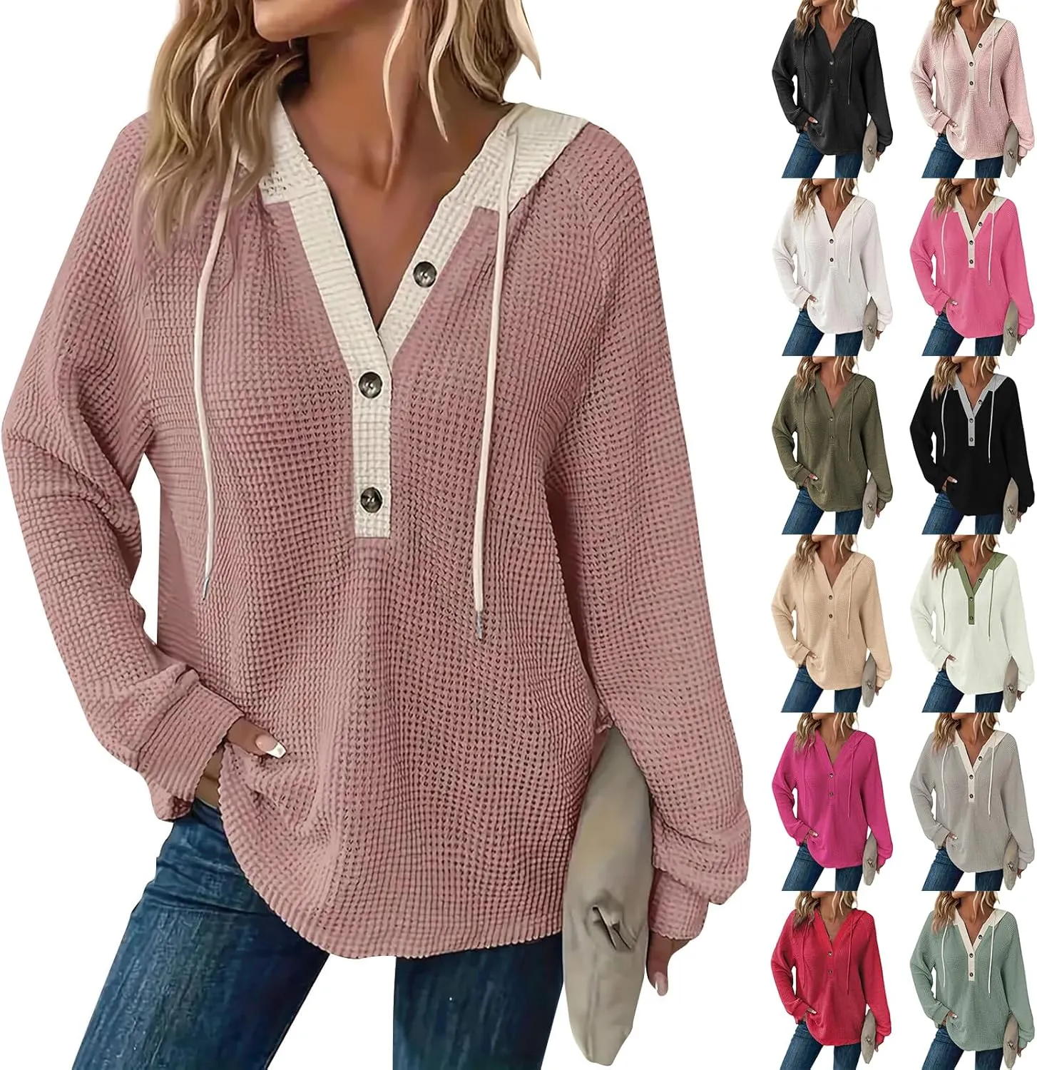 Oversized Hoodies for Women Trendy Waffle Knit V Neck Sweatshirt Cute Y2k Hoodie Long Sleeve Pullover Tops