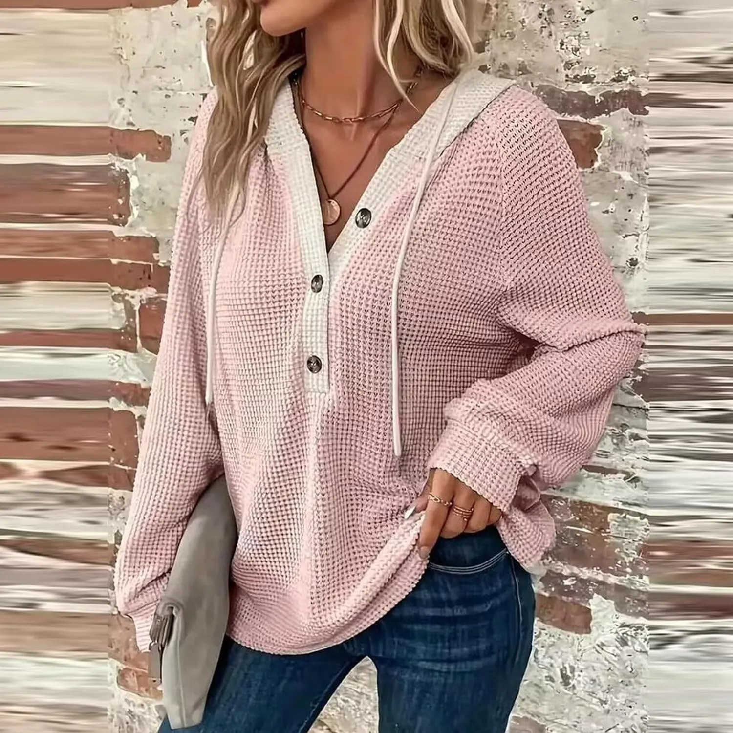 Oversized Hoodies for Women Trendy Waffle Knit V Neck Sweatshirt Cute Y2k Hoodie Long Sleeve Pullover Tops