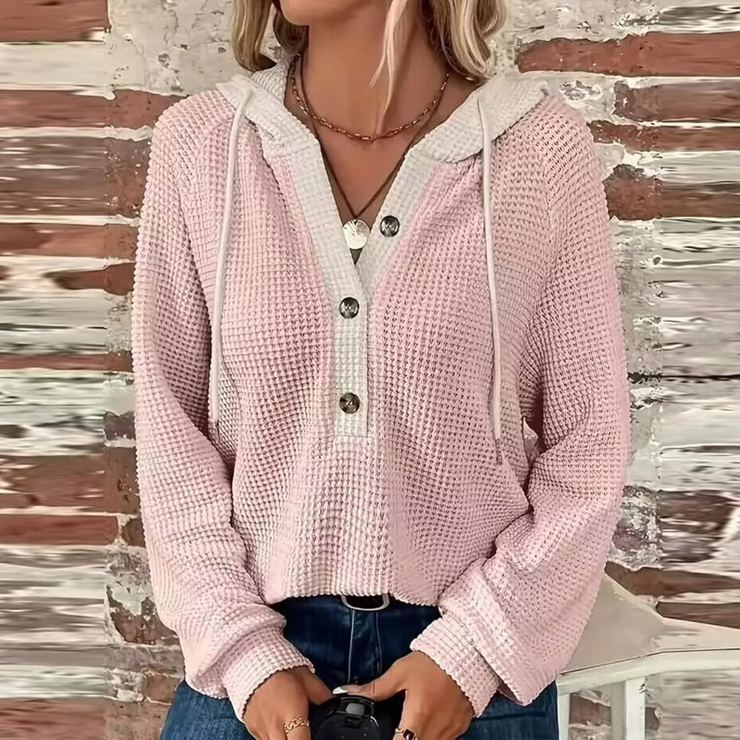 Oversized Hoodies for Women Trendy Waffle Knit V Neck Sweatshirt Cute Y2k Hoodie Long Sleeve Pullover Tops