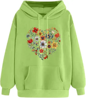 Oversized Sweatshirt for Women Heart Print Hoodie Cute Long Sleeve Sweatshirts Fleece Lined Hoodies with Pocket