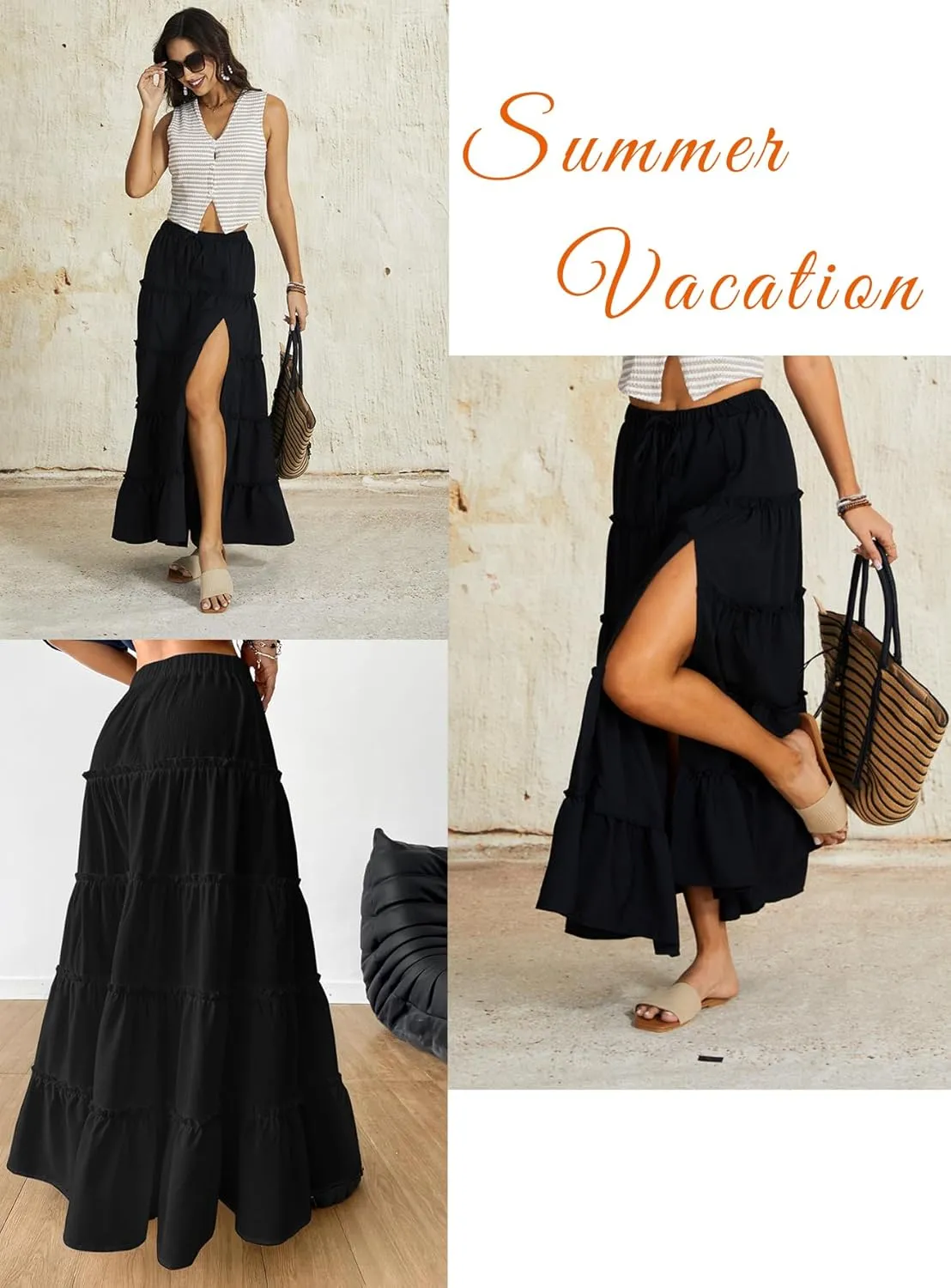 OYOANGLE Women's Elastic Waist Tie Front Tiered Ruffle Hem Long Maxi Skirt Y2K Split Thigh Flowy Skirts