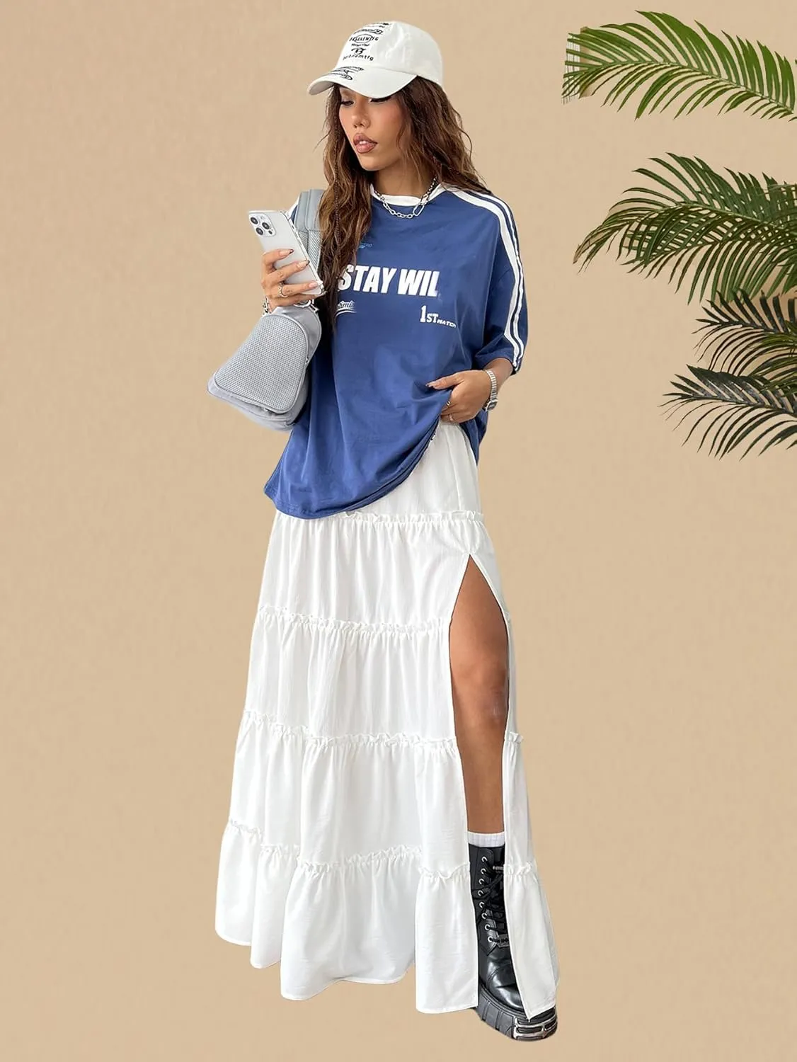 OYOANGLE Women's Elastic Waist Tie Front Tiered Ruffle Hem Long Maxi Skirt Y2K Split Thigh Flowy Skirts