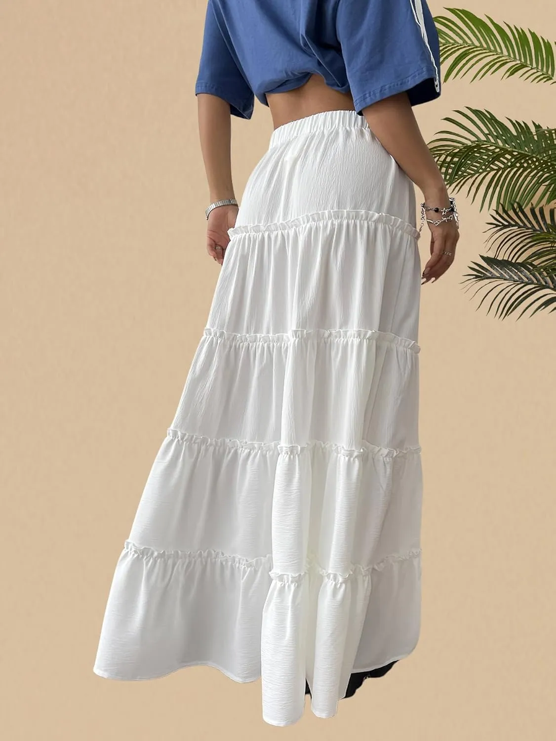 OYOANGLE Women's Elastic Waist Tie Front Tiered Ruffle Hem Long Maxi Skirt Y2K Split Thigh Flowy Skirts