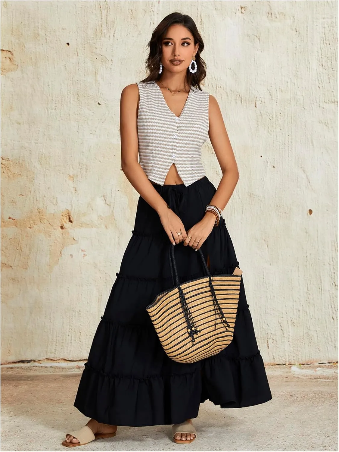 OYOANGLE Women's Elastic Waist Tie Front Tiered Ruffle Hem Long Maxi Skirt Y2K Split Thigh Flowy Skirts