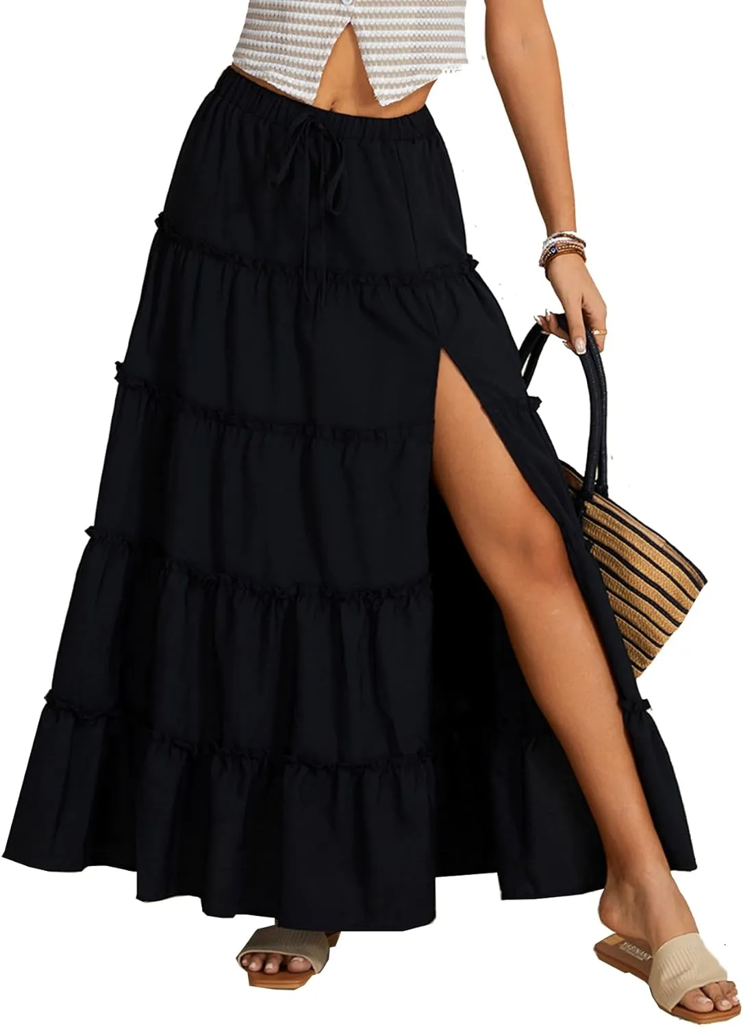 OYOANGLE Women's Elastic Waist Tie Front Tiered Ruffle Hem Long Maxi Skirt Y2K Split Thigh Flowy Skirts