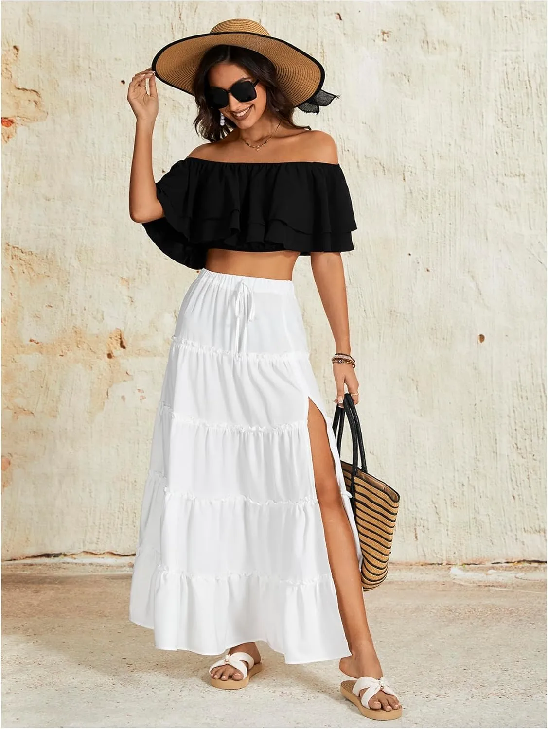 OYOANGLE Women's Elastic Waist Tie Front Tiered Ruffle Hem Long Maxi Skirt Y2K Split Thigh Flowy Skirts