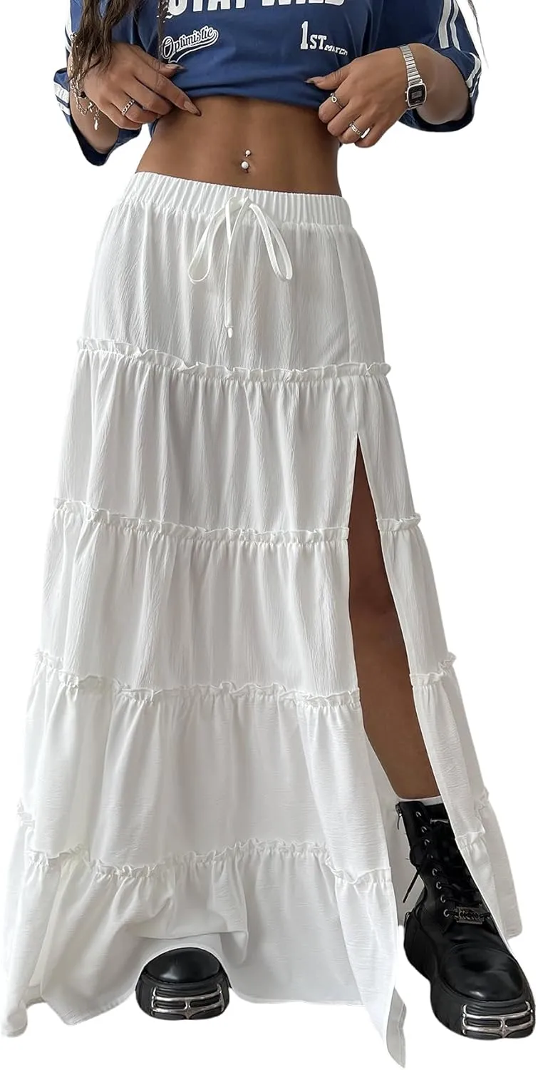 OYOANGLE Women's Elastic Waist Tie Front Tiered Ruffle Hem Long Maxi Skirt Y2K Split Thigh Flowy Skirts
