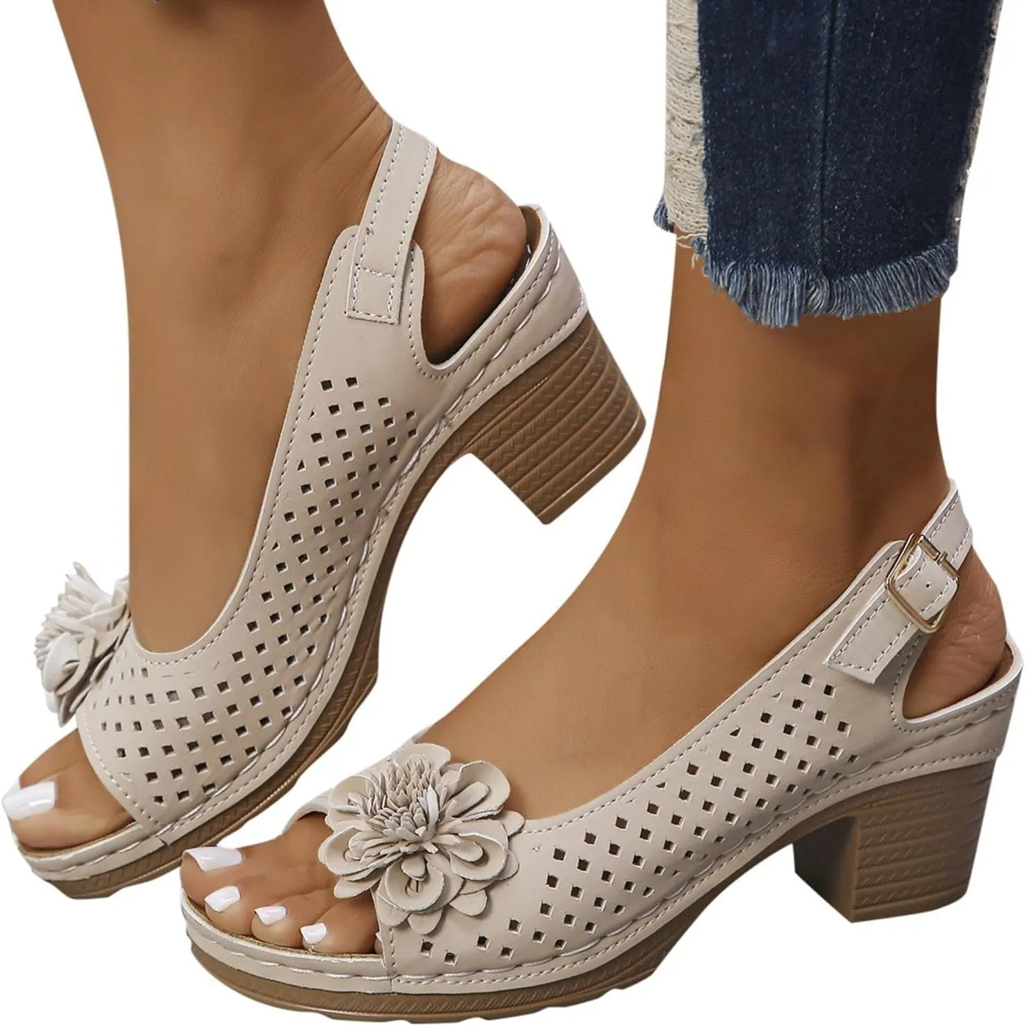 Peep Toe Wedges Heels for Women Leathers Low Heels Sandals Hollow Out Open Toe Breathable Shoes Slingback Casual Beach Shoes