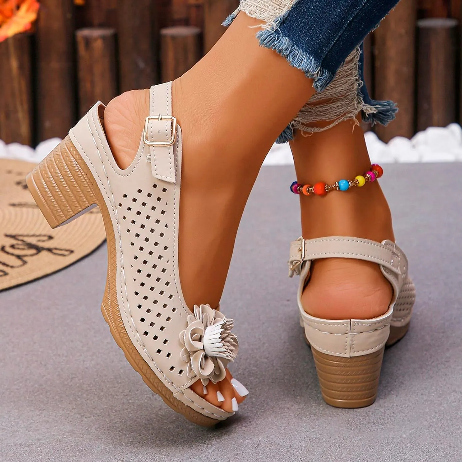 Peep Toe Wedges Heels for Women Leathers Low Heels Sandals Hollow Out Open Toe Breathable Shoes Slingback Casual Beach Shoes