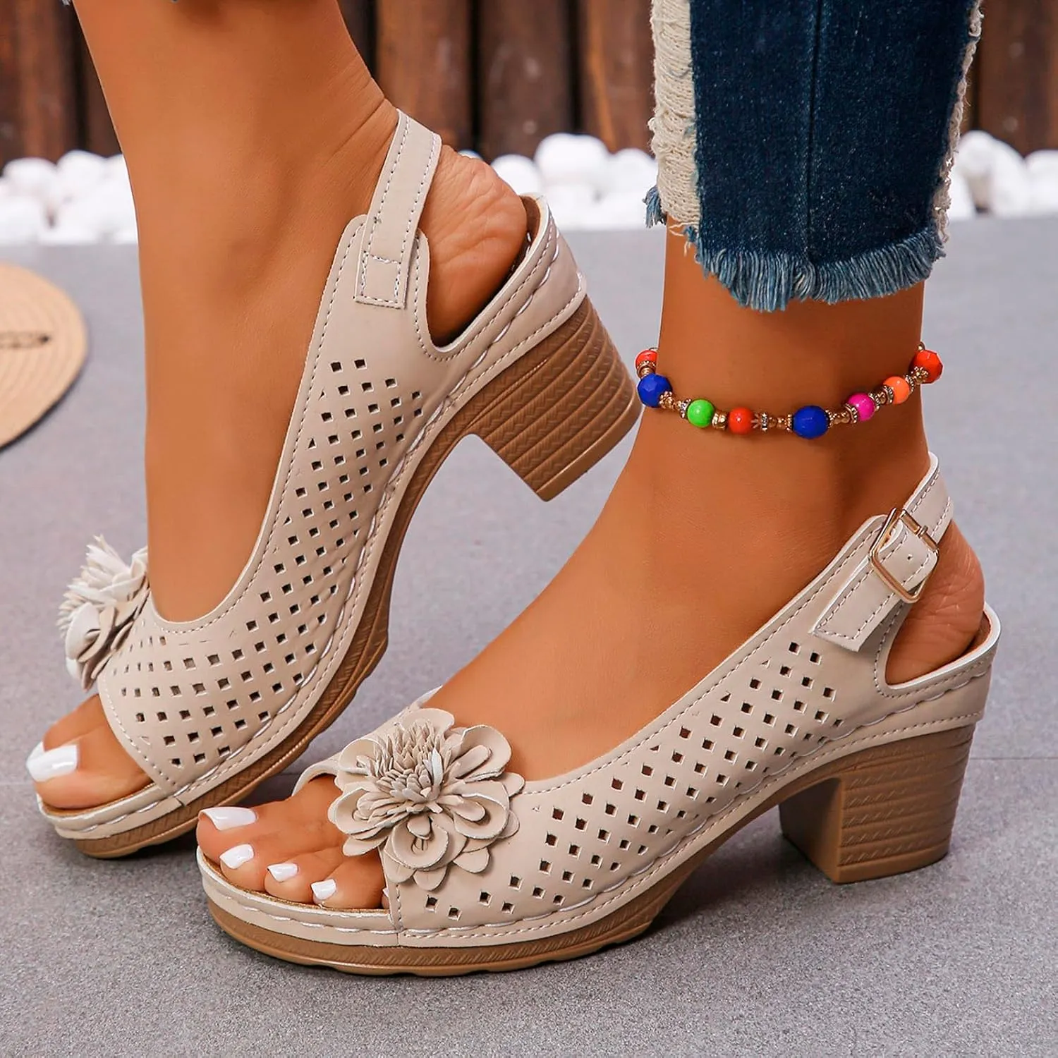 Peep Toe Wedges Heels for Women Leathers Low Heels Sandals Hollow Out Open Toe Breathable Shoes Slingback Casual Beach Shoes