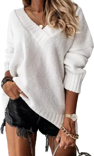 PEHMEA Women's Oversized V Neck Long Sleeve Chunky Knit Sweater Pullovers Top