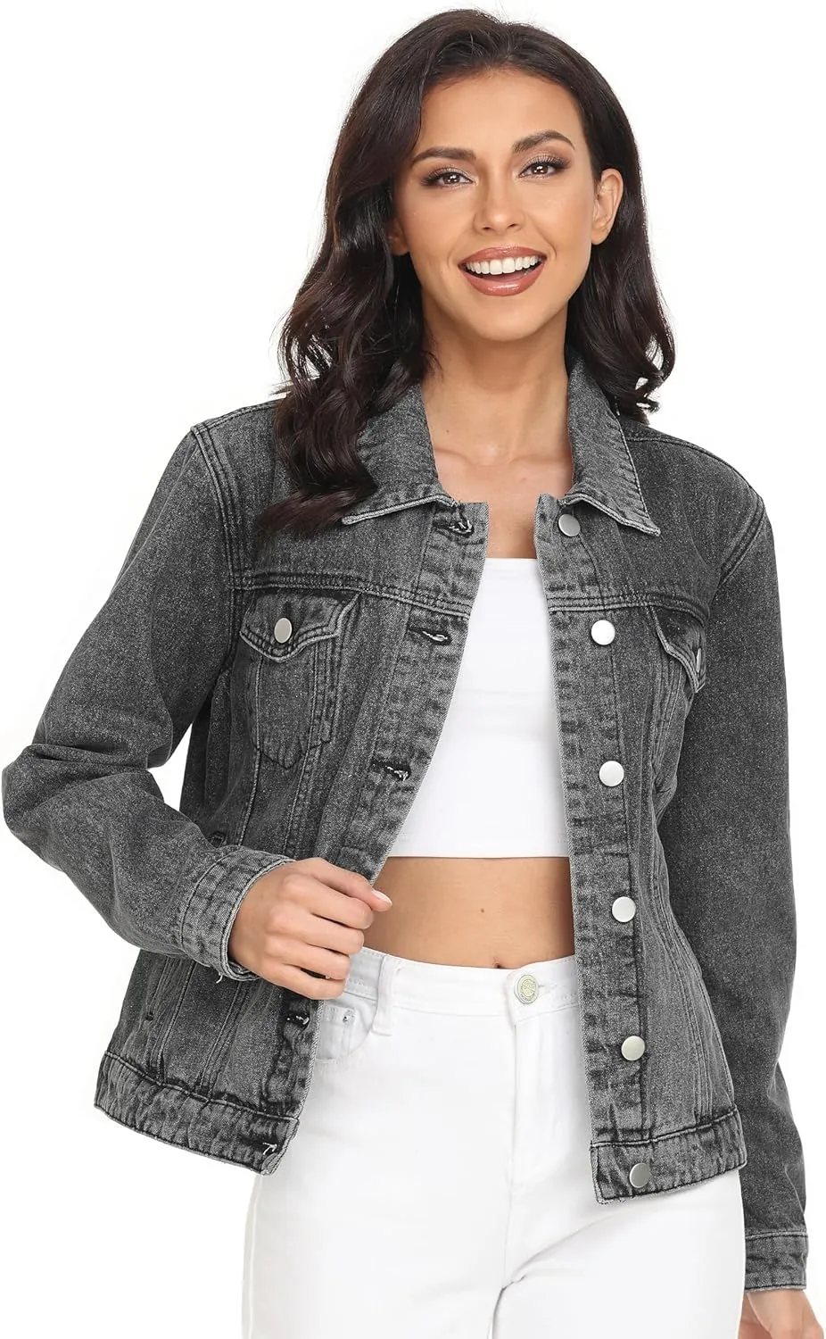 PEIQI Classic Jean Jacket for Women Basic Long Sleeve Button Down Denim Jackets