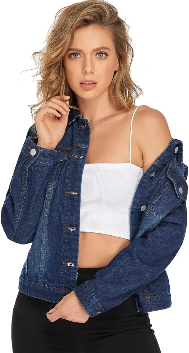 PEIQI Classic Jean Jacket for Women Basic Long Sleeve Button Down Denim Jackets