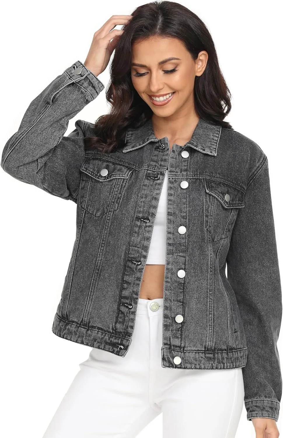 PEIQI Classic Jean Jacket for Women Basic Long Sleeve Button Down Denim Jackets