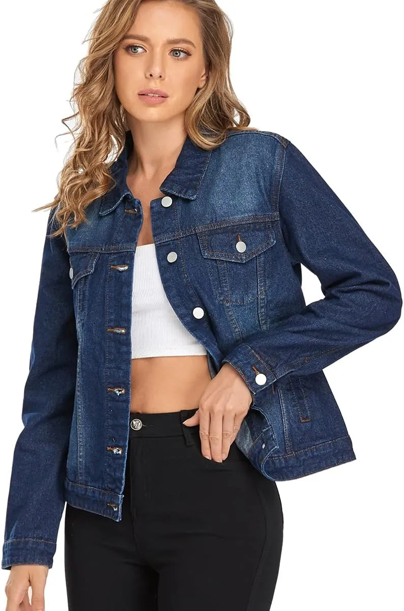 PEIQI Classic Jean Jacket for Women Basic Long Sleeve Button Down Denim Jackets
