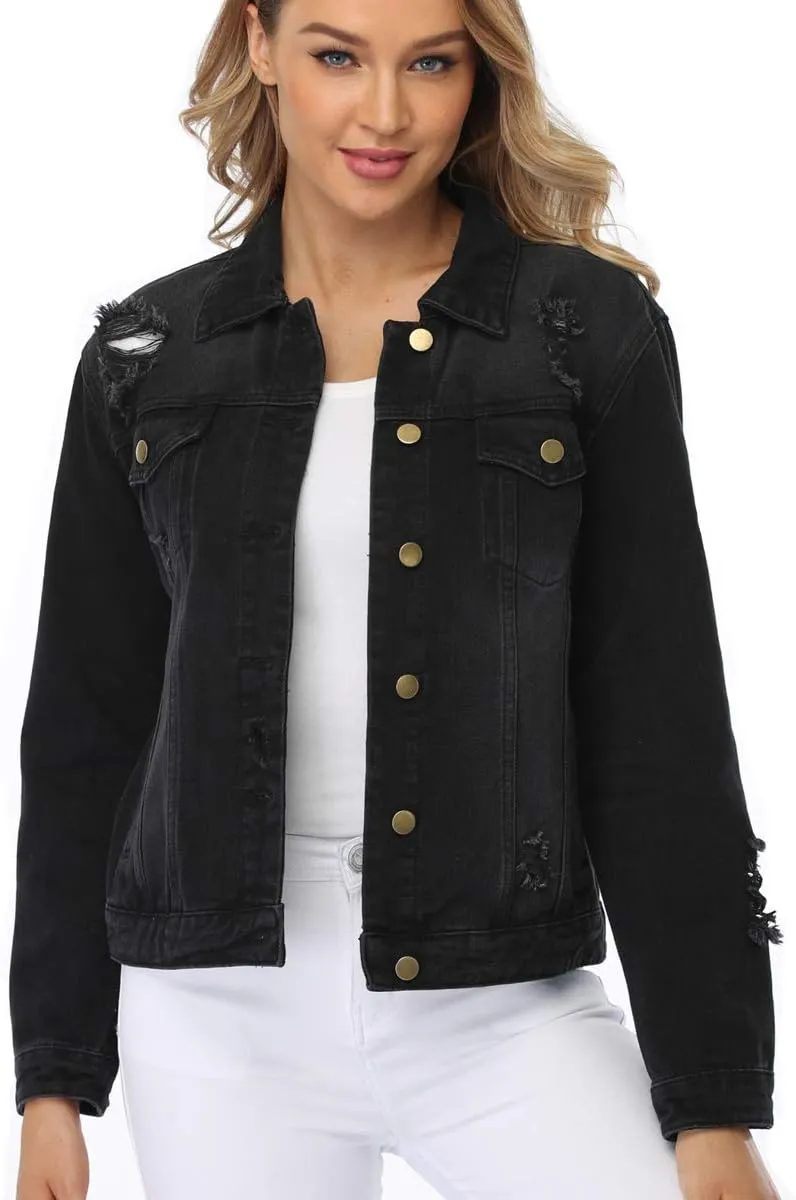PEIQI Classic Jean Jacket for Women Basic Long Sleeve Button Down Denim Jackets