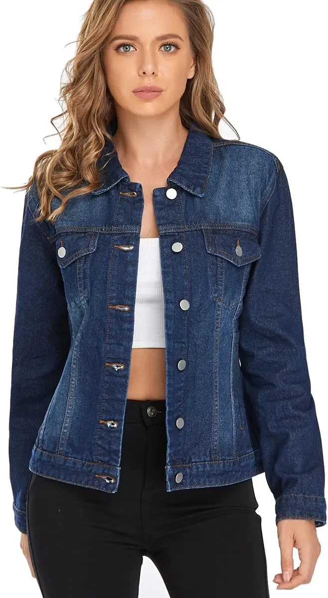 PEIQI Classic Jean Jacket for Women Basic Long Sleeve Button Down Denim Jackets