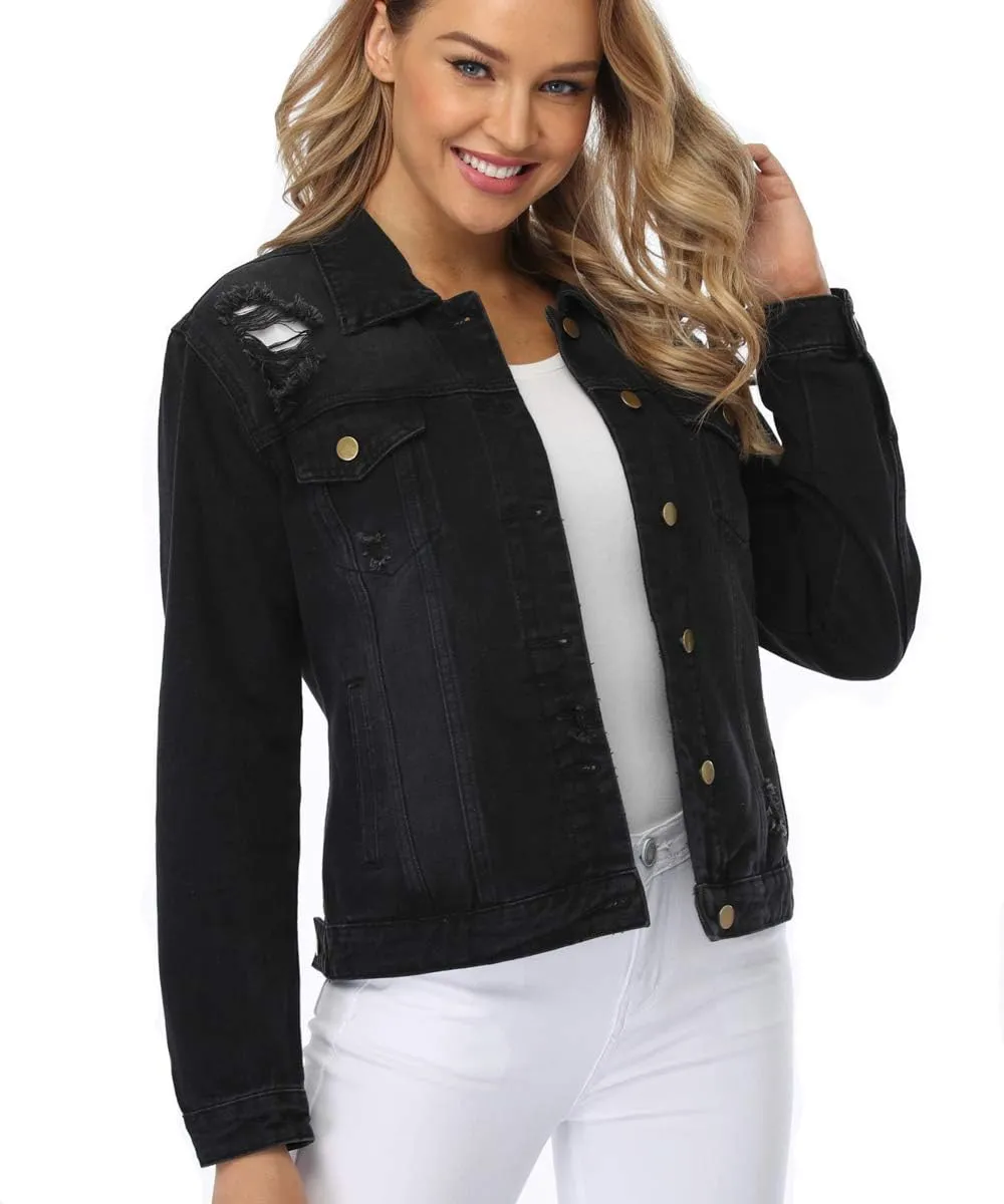 PEIQI Classic Jean Jacket for Women Basic Long Sleeve Button Down Denim Jackets