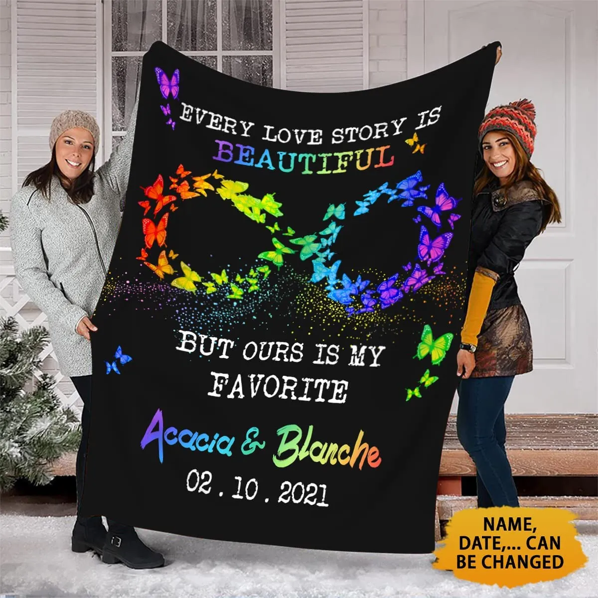 Personalized Rainbow Buttefly Gay Pride Blanket With Couple'S Names And Date, Lesbian Gay Trans Bisexual Blanket