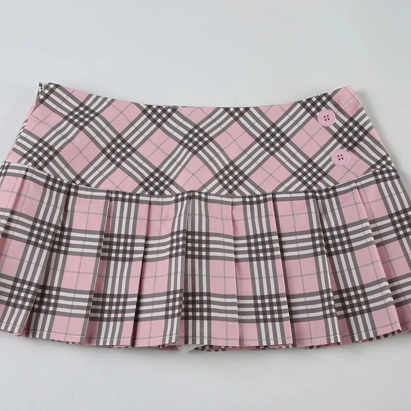 Pink Plaid Mini Pleated Skirt